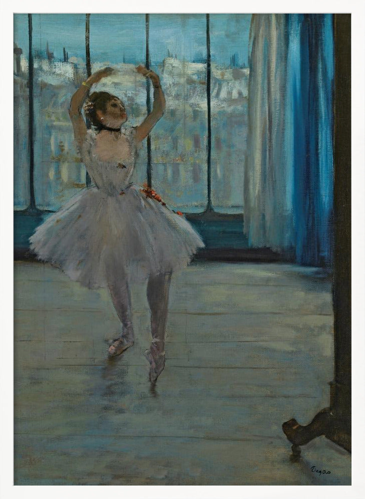 An impressionistic painting by Edgar Degas of a ballerina in a dance studio. The dancer, wearing a white tutu and pointe shoes, stands in a graceful pose with her arms raised above her head. She is positioned in front of a large window that looks out onto a hazy cityscape under a blue sky. The room has a wooden floor and a deep blue curtain to the right. Poster