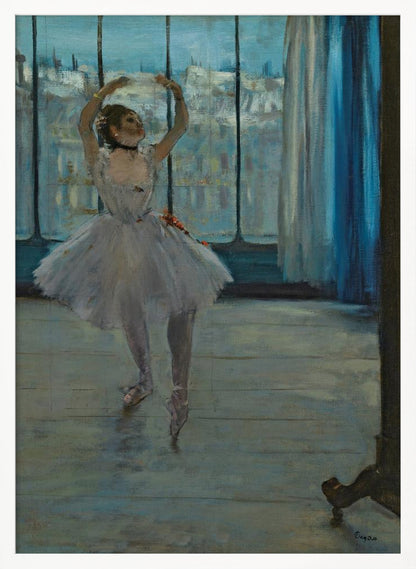 An impressionistic painting by Edgar Degas of a ballerina in a dance studio. The dancer, wearing a white tutu and pointe shoes, stands in a graceful pose with her arms raised above her head. She is positioned in front of a large window that looks out onto a hazy cityscape under a blue sky. The room has a wooden floor and a deep blue curtain to the right. Poster