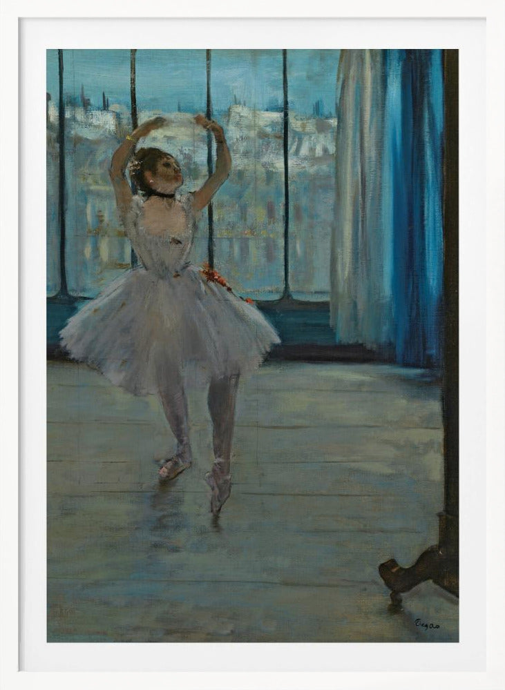 An impressionistic painting by Edgar Degas of a ballerina in a dance studio. The dancer, wearing a white tutu and pointe shoes, stands in a graceful pose with her arms raised above her head. She is positioned in front of a large window that looks out onto a hazy cityscape under a blue sky. The room has a wooden floor and a deep blue curtain to the right. Poster