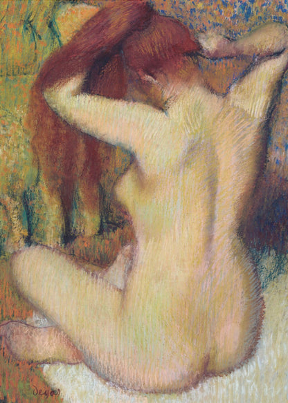An impressionist pastel painting by Edgar Degas of a nude woman seen from the back. She is sitting on a light-colored surface, gathering her long, auburn hair with both hands behind her head. The background is a textured blend of green, yellow, and blue colors. Poster
