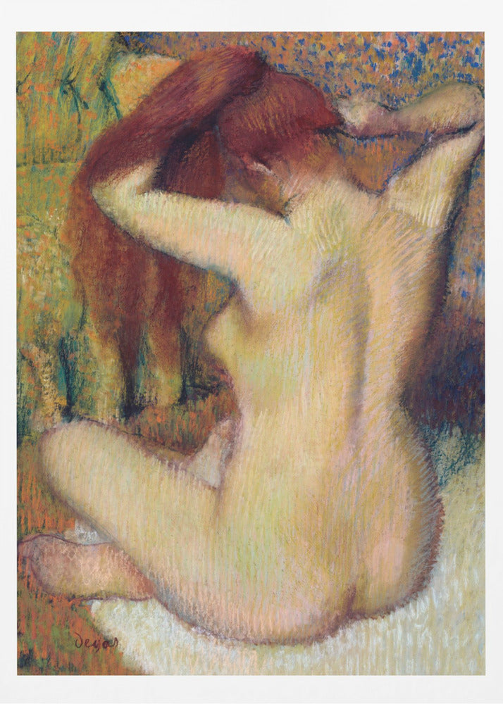 An impressionist pastel painting by Edgar Degas of a nude woman seen from the back. She is sitting on a light-colored surface, gathering her long, auburn hair with both hands behind her head. The background is a textured blend of green, yellow, and blue colors. Poster