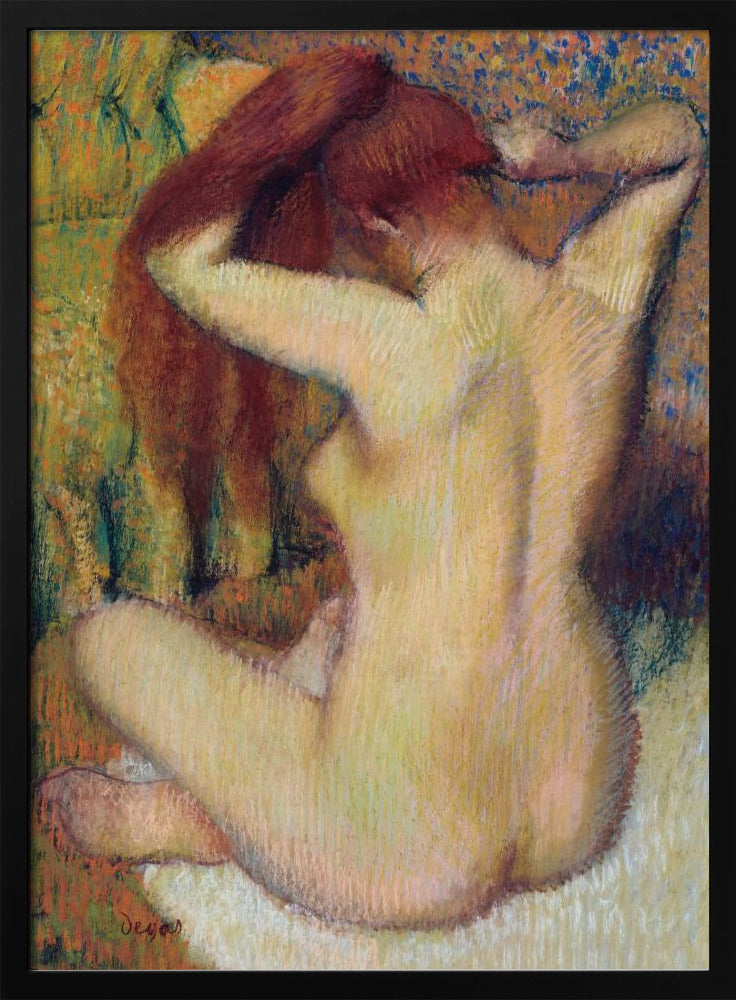 An impressionist pastel painting by Edgar Degas of a nude woman seen from the back. She is sitting on a light-colored surface, gathering her long, auburn hair with both hands behind her head. The background is a textured blend of green, yellow, and blue colors. Poster