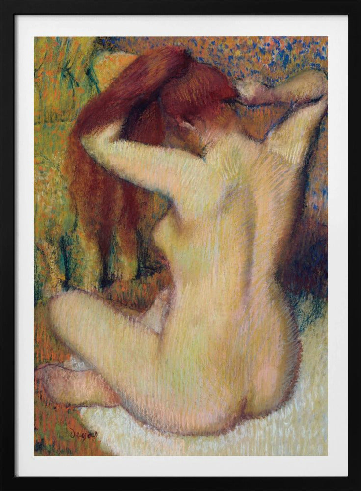 An impressionist pastel painting by Edgar Degas of a nude woman seen from the back. She is sitting on a light-colored surface, gathering her long, auburn hair with both hands behind her head. The background is a textured blend of green, yellow, and blue colors. Poster