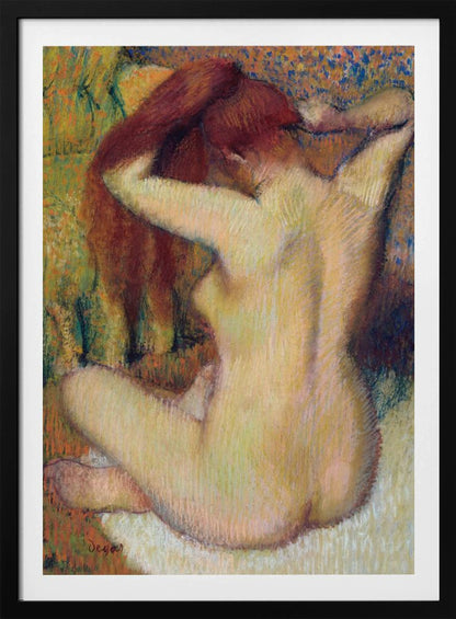 An impressionist pastel painting by Edgar Degas of a nude woman seen from the back. She is sitting on a light-colored surface, gathering her long, auburn hair with both hands behind her head. The background is a textured blend of green, yellow, and blue colors. Poster