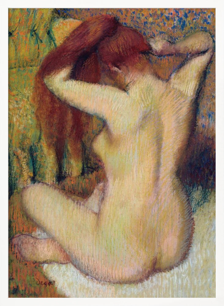 An impressionist pastel painting by Edgar Degas of a nude woman seen from the back. She is sitting on a light-colored surface, gathering her long, auburn hair with both hands behind her head. The background is a textured blend of green, yellow, and blue colors. Poster