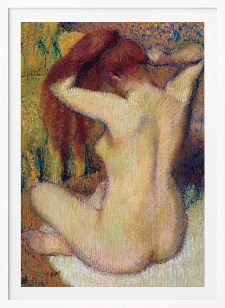 An impressionist pastel painting by Edgar Degas of a nude woman seen from the back. She is sitting on a light-colored surface, gathering her long, auburn hair with both hands behind her head. The background is a textured blend of green, yellow, and blue colors. Poster