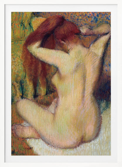 An impressionist pastel painting by Edgar Degas of a nude woman seen from the back. She is sitting on a light-colored surface, gathering her long, auburn hair with both hands behind her head. The background is a textured blend of green, yellow, and blue colors. Poster