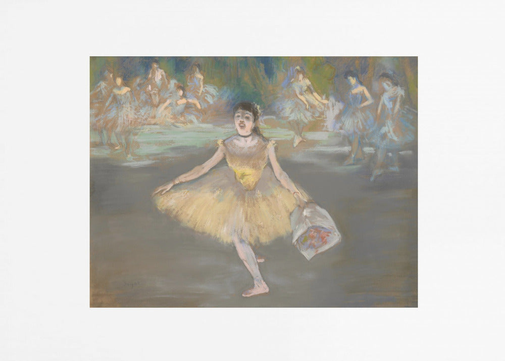 A framed print of the impressionist painting 'Dancer with a Bouquet of Flowers' by Edgar Degas. A ballerina in a yellow tutu is center stage, taking a bow while holding a bouquet. Other dancers in blue tutus are visible in the background. Poster