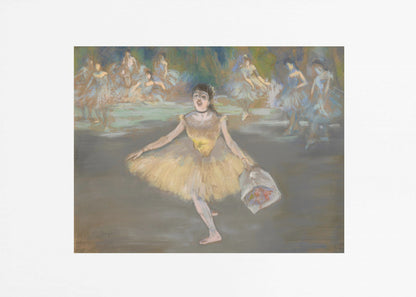 A framed print of the impressionist painting 'Dancer with a Bouquet of Flowers' by Edgar Degas. A ballerina in a yellow tutu is center stage, taking a bow while holding a bouquet. Other dancers in blue tutus are visible in the background. Poster
