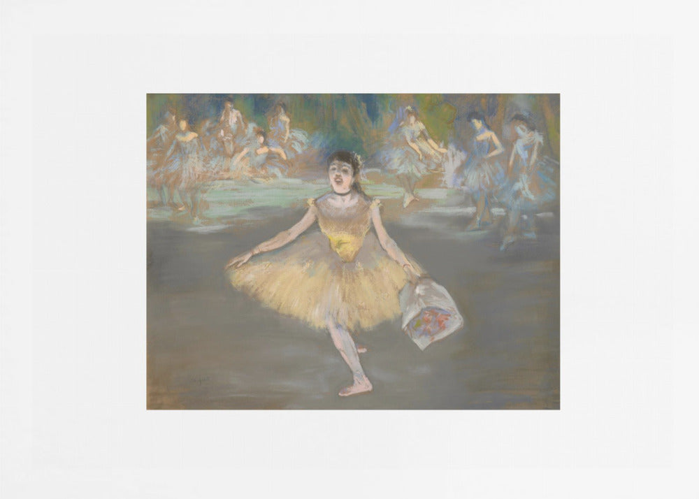 A framed print of the impressionist painting 'Dancer with a Bouquet of Flowers' by Edgar Degas. A ballerina in a yellow tutu is center stage, taking a bow while holding a bouquet. Other dancers in blue tutus are visible in the background. Poster