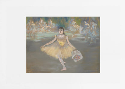 A framed print of the impressionist painting 'Dancer with a Bouquet of Flowers' by Edgar Degas. A ballerina in a yellow tutu is center stage, taking a bow while holding a bouquet. Other dancers in blue tutus are visible in the background. Poster