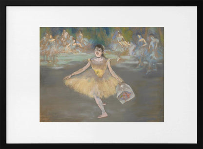 A framed print of the impressionist painting 'Dancer with a Bouquet of Flowers' by Edgar Degas. A ballerina in a yellow tutu is center stage, taking a bow while holding a bouquet. Other dancers in blue tutus are visible in the background. Poster