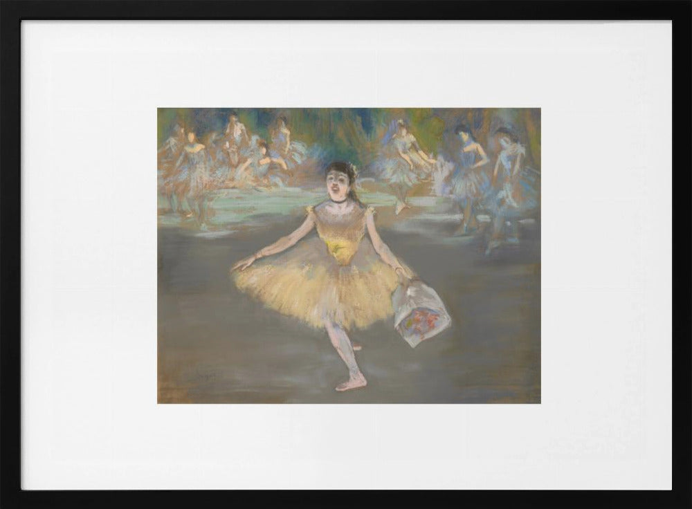 A framed print of the impressionist painting 'Dancer with a Bouquet of Flowers' by Edgar Degas. A ballerina in a yellow tutu is center stage, taking a bow while holding a bouquet. Other dancers in blue tutus are visible in the background. Poster