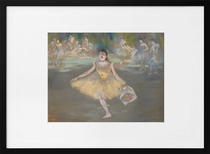 A framed print of the impressionist painting 'Dancer with a Bouquet of Flowers' by Edgar Degas. A ballerina in a yellow tutu is center stage, taking a bow while holding a bouquet. Other dancers in blue tutus are visible in the background. Poster