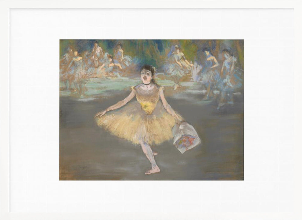 A framed print of the impressionist painting 'Dancer with a Bouquet of Flowers' by Edgar Degas. A ballerina in a yellow tutu is center stage, taking a bow while holding a bouquet. Other dancers in blue tutus are visible in the background. Poster