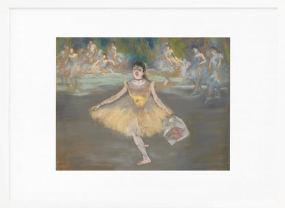 A framed print of the impressionist painting 'Dancer with a Bouquet of Flowers' by Edgar Degas. A ballerina in a yellow tutu is center stage, taking a bow while holding a bouquet. Other dancers in blue tutus are visible in the background. Poster