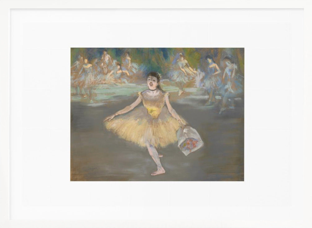 A framed print of the impressionist painting 'Dancer with a Bouquet of Flowers' by Edgar Degas. A ballerina in a yellow tutu is center stage, taking a bow while holding a bouquet. Other dancers in blue tutus are visible in the background. Poster