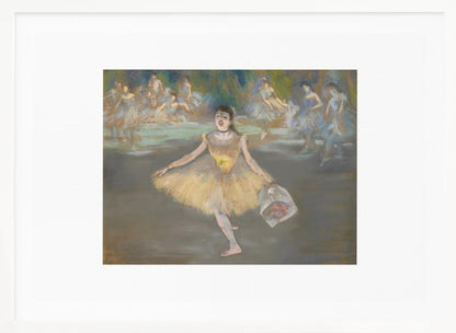 A framed print of the impressionist painting 'Dancer with a Bouquet of Flowers' by Edgar Degas. A ballerina in a yellow tutu is center stage, taking a bow while holding a bouquet. Other dancers in blue tutus are visible in the background. Poster