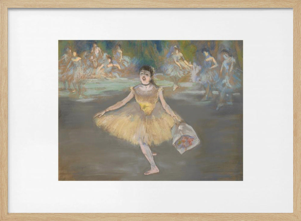 A framed print of the impressionist painting 'Dancer with a Bouquet of Flowers' by Edgar Degas. A ballerina in a yellow tutu is center stage, taking a bow while holding a bouquet. Other dancers in blue tutus are visible in the background. Poster