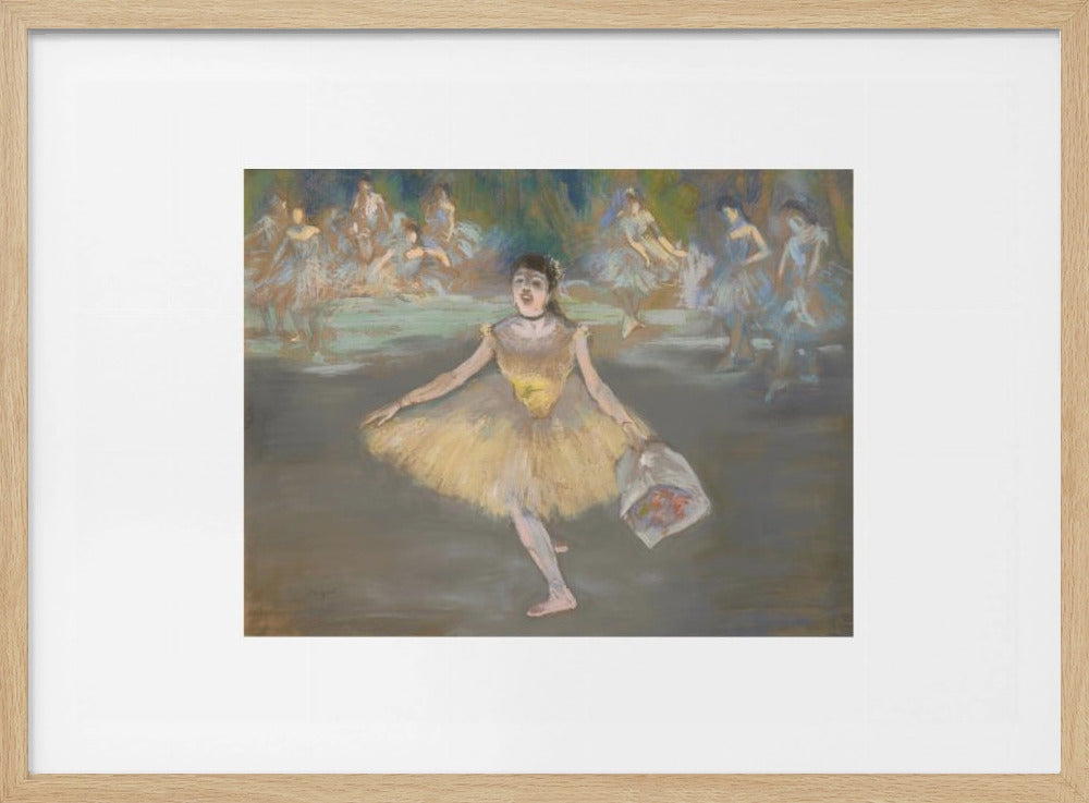 A framed print of the impressionist painting 'Dancer with a Bouquet of Flowers' by Edgar Degas. A ballerina in a yellow tutu is center stage, taking a bow while holding a bouquet. Other dancers in blue tutus are visible in the background. Poster
