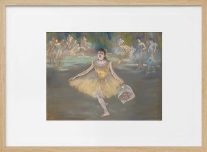 A framed print of the impressionist painting 'Dancer with a Bouquet of Flowers' by Edgar Degas. A ballerina in a yellow tutu is center stage, taking a bow while holding a bouquet. Other dancers in blue tutus are visible in the background. Poster