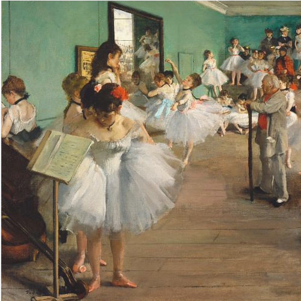 A vintage painting by Edgar Degas, 'The Dance Class,' showing a group of young ballerinas in white tutus in a rehearsal studio with green walls and a wooden floor. An older man, the ballet master, stands observing them with a long cane. Some dancers are practicing, others are resting or adjusting their attire. Poster