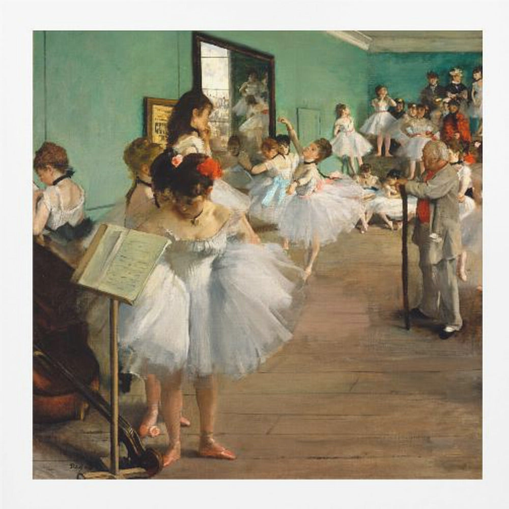A vintage painting by Edgar Degas, 'The Dance Class,' showing a group of young ballerinas in white tutus in a rehearsal studio with green walls and a wooden floor. An older man, the ballet master, stands observing them with a long cane. Some dancers are practicing, others are resting or adjusting their attire. Poster