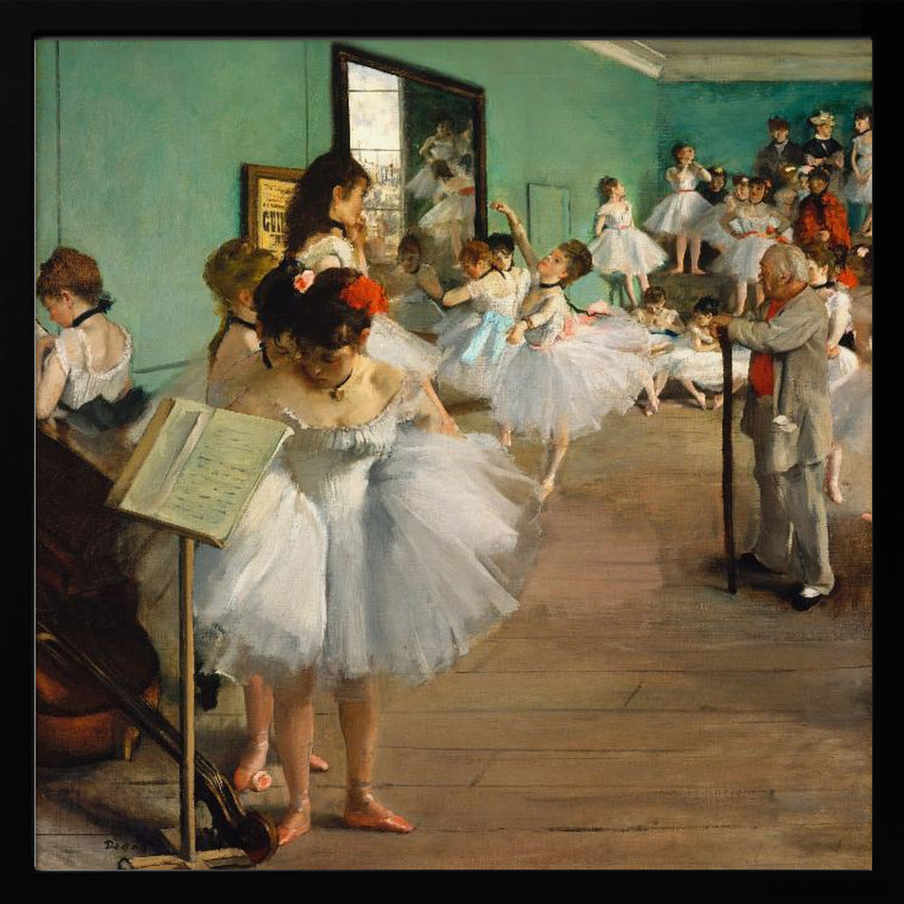 A vintage painting by Edgar Degas, 'The Dance Class,' showing a group of young ballerinas in white tutus in a rehearsal studio with green walls and a wooden floor. An older man, the ballet master, stands observing them with a long cane. Some dancers are practicing, others are resting or adjusting their attire. Poster