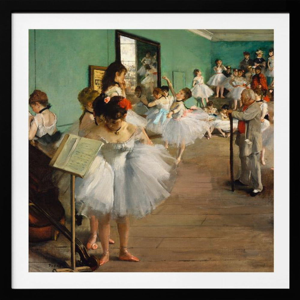 A vintage painting by Edgar Degas, 'The Dance Class,' showing a group of young ballerinas in white tutus in a rehearsal studio with green walls and a wooden floor. An older man, the ballet master, stands observing them with a long cane. Some dancers are practicing, others are resting or adjusting their attire. Poster