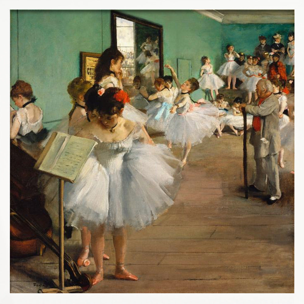 A vintage painting by Edgar Degas, 'The Dance Class,' showing a group of young ballerinas in white tutus in a rehearsal studio with green walls and a wooden floor. An older man, the ballet master, stands observing them with a long cane. Some dancers are practicing, others are resting or adjusting their attire. Poster