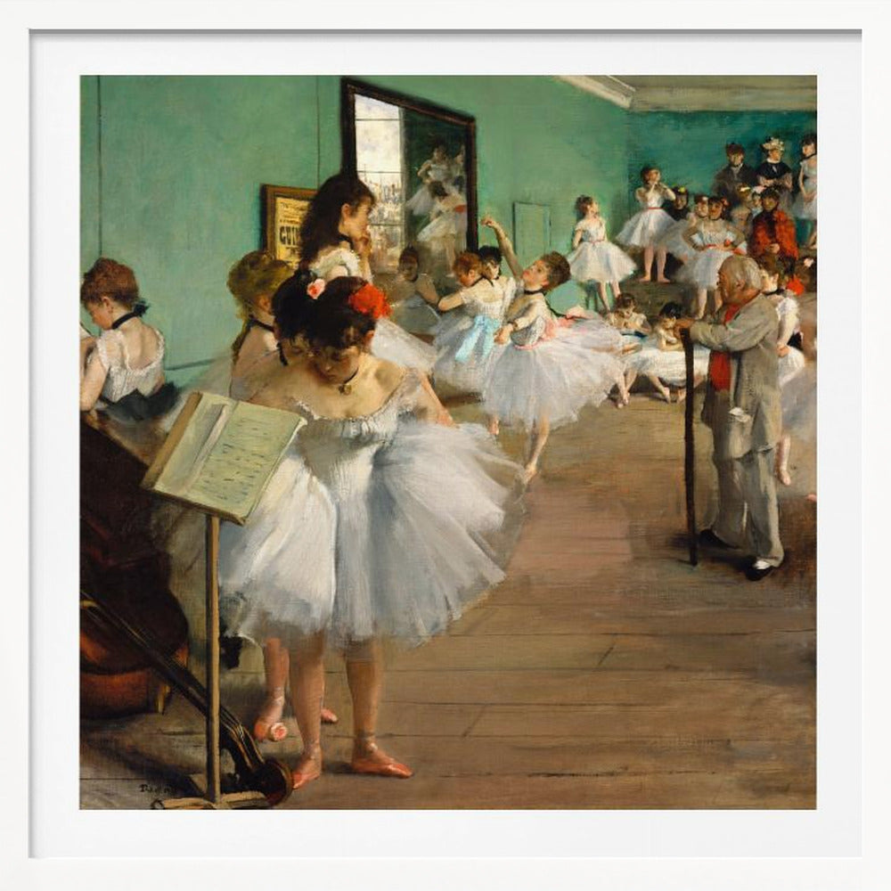A vintage painting by Edgar Degas, 'The Dance Class,' showing a group of young ballerinas in white tutus in a rehearsal studio with green walls and a wooden floor. An older man, the ballet master, stands observing them with a long cane. Some dancers are practicing, others are resting or adjusting their attire. Poster