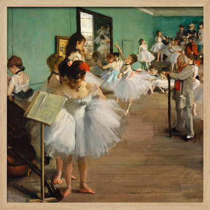 A vintage painting by Edgar Degas, 'The Dance Class,' showing a group of young ballerinas in white tutus in a rehearsal studio with green walls and a wooden floor. An older man, the ballet master, stands observing them with a long cane. Some dancers are practicing, others are resting or adjusting their attire. Poster