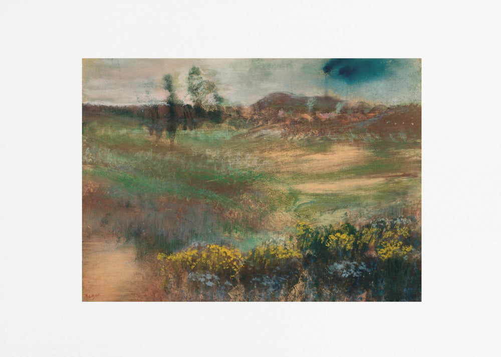 A framed impressionistic painting of a rolling landscape. In the foreground, there are bushes with yellow flowers. The midground features swaths of green and brown grasses, leading to a line of trees and hills in the background under a moody, overcast sky. The artwork is set in a white mat within a silver frame. Artwork