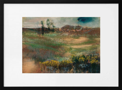 A framed impressionistic painting of a rolling landscape. In the foreground, there are bushes with yellow flowers. The midground features swaths of green and brown grasses, leading to a line of trees and hills in the background under a moody, overcast sky. The artwork is set in a white mat within a silver frame. Artwork