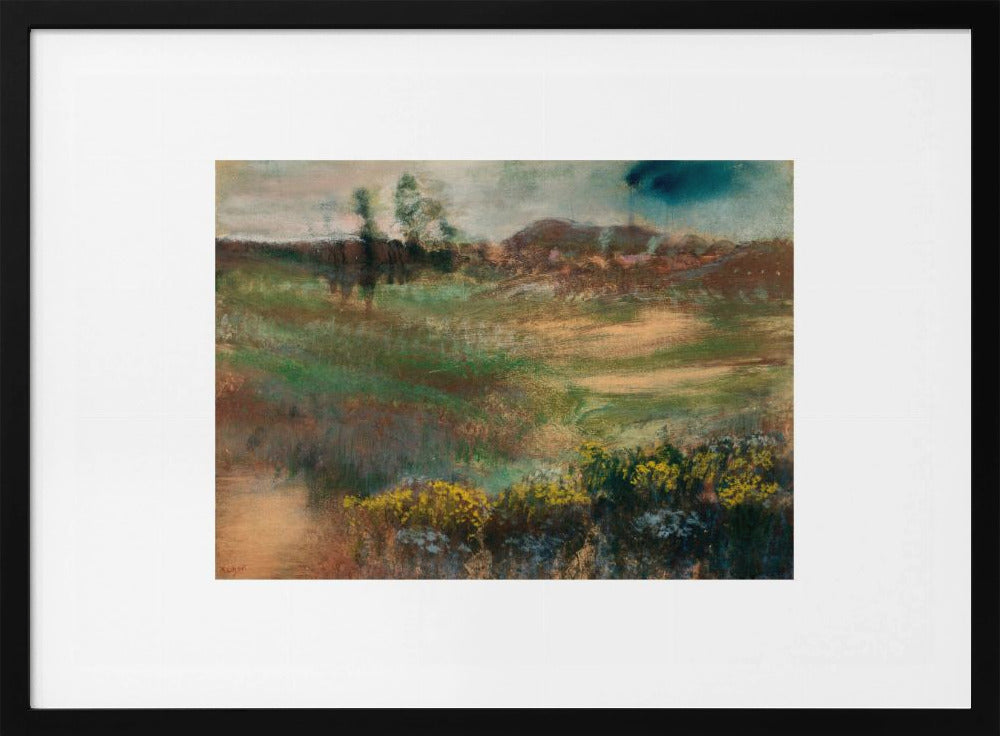 A framed impressionistic painting of a rolling landscape. In the foreground, there are bushes with yellow flowers. The midground features swaths of green and brown grasses, leading to a line of trees and hills in the background under a moody, overcast sky. The artwork is set in a white mat within a silver frame. Artwork