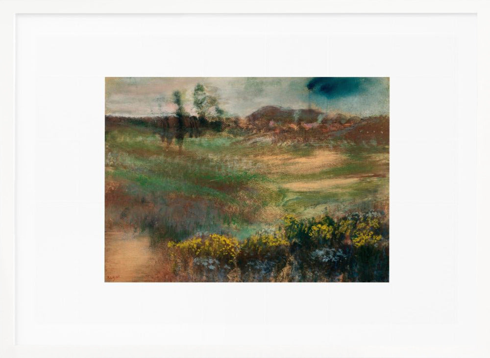 A framed impressionistic painting of a rolling landscape. In the foreground, there are bushes with yellow flowers. The midground features swaths of green and brown grasses, leading to a line of trees and hills in the background under a moody, overcast sky. The artwork is set in a white mat within a silver frame. Artwork