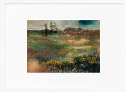 A framed impressionistic painting of a rolling landscape. In the foreground, there are bushes with yellow flowers. The midground features swaths of green and brown grasses, leading to a line of trees and hills in the background under a moody, overcast sky. The artwork is set in a white mat within a silver frame. Artwork