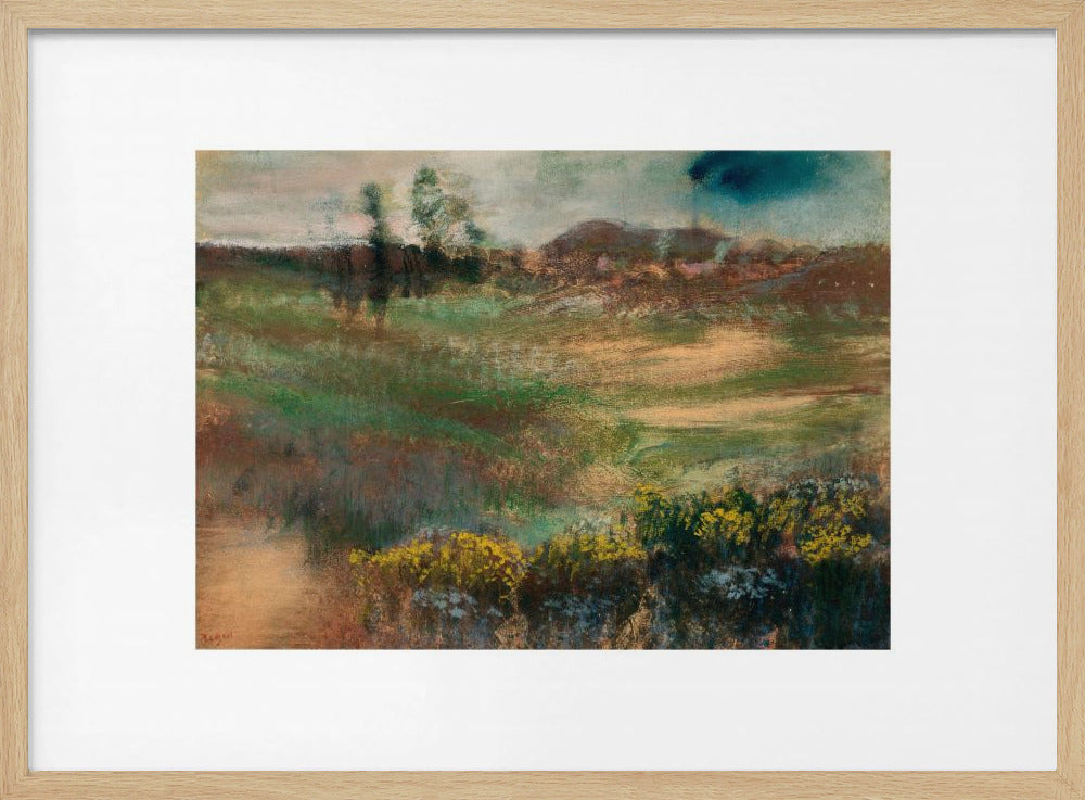A framed impressionistic painting of a rolling landscape. In the foreground, there are bushes with yellow flowers. The midground features swaths of green and brown grasses, leading to a line of trees and hills in the background under a moody, overcast sky. The artwork is set in a white mat within a silver frame. Artwork