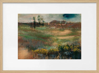 A framed impressionistic painting of a rolling landscape. In the foreground, there are bushes with yellow flowers. The midground features swaths of green and brown grasses, leading to a line of trees and hills in the background under a moody, overcast sky. The artwork is set in a white mat within a silver frame. Artwork