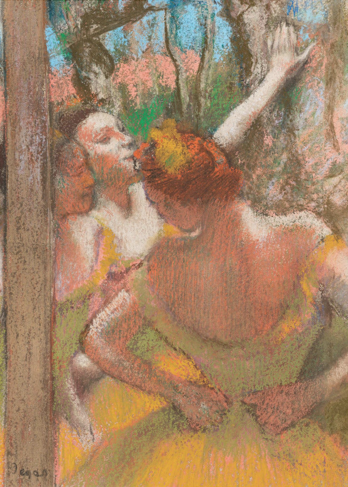 An Impressionist pastel drawing by Edgar Degas depicting several ballet dancers backstage. A dancer with reddish-orange hair is seen from behind in a yellow-green costume, while another dancer stretches an arm upwards. The background is a textured blend of blue, pink, and green. Decor