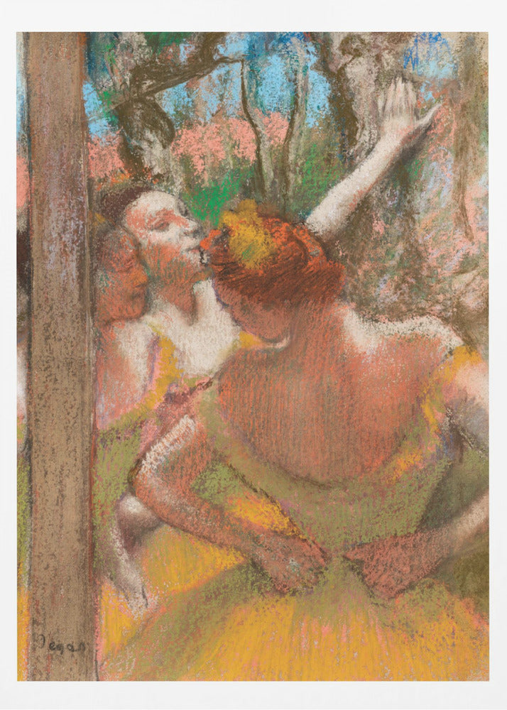 An Impressionist pastel drawing by Edgar Degas depicting several ballet dancers backstage. A dancer with reddish-orange hair is seen from behind in a yellow-green costume, while another dancer stretches an arm upwards. The background is a textured blend of blue, pink, and green. Decor