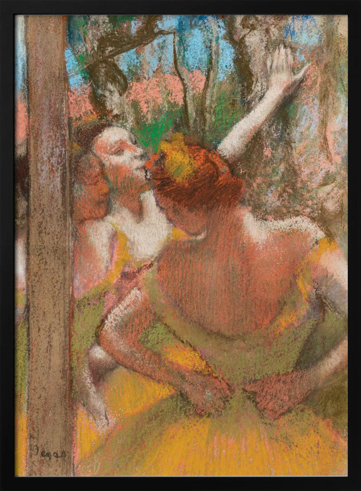 An Impressionist pastel drawing by Edgar Degas depicting several ballet dancers backstage. A dancer with reddish-orange hair is seen from behind in a yellow-green costume, while another dancer stretches an arm upwards. The background is a textured blend of blue, pink, and green. Decor