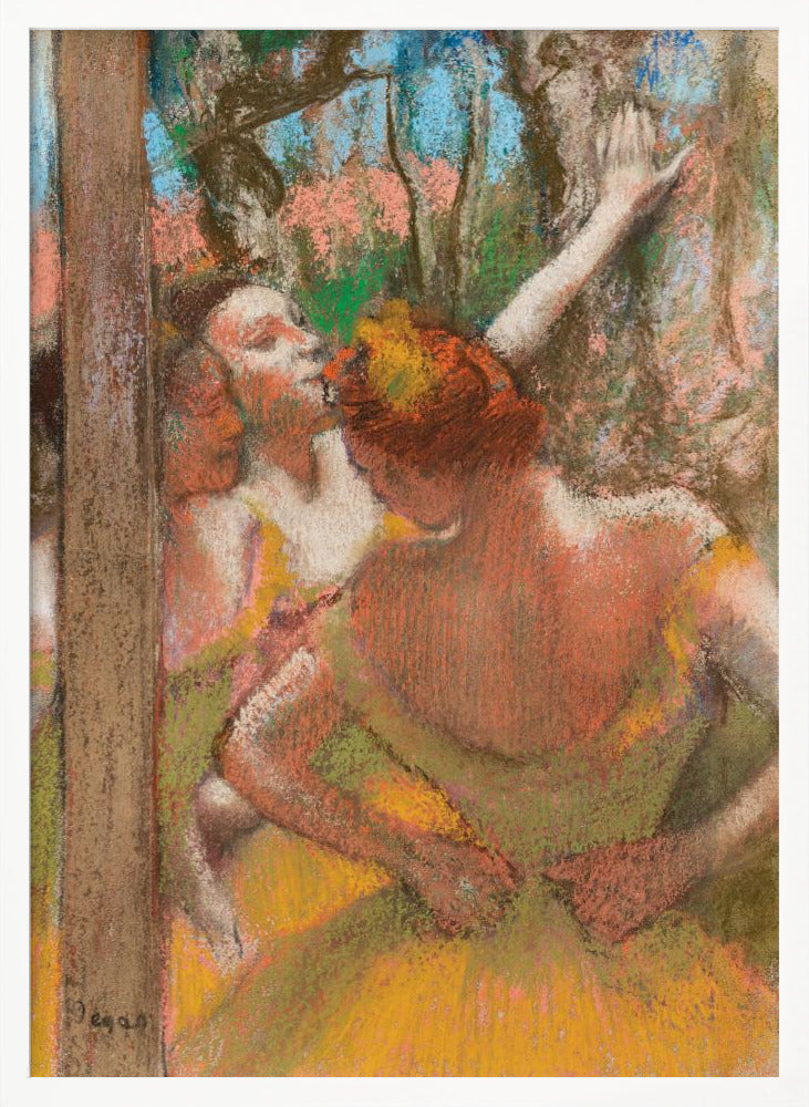 An Impressionist pastel drawing by Edgar Degas depicting several ballet dancers backstage. A dancer with reddish-orange hair is seen from behind in a yellow-green costume, while another dancer stretches an arm upwards. The background is a textured blend of blue, pink, and green. Decor