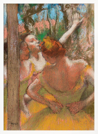 An Impressionist pastel drawing by Edgar Degas depicting several ballet dancers backstage. A dancer with reddish-orange hair is seen from behind in a yellow-green costume, while another dancer stretches an arm upwards. The background is a textured blend of blue, pink, and green. Decor