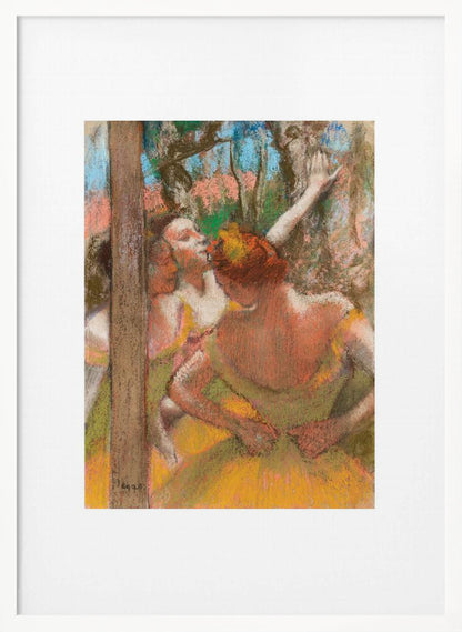 A framed art print of an impressionistic pastel painting by Edgar Degas featuring several ballet dancers backstage. A central figure, seen from behind, adjusts her yellow-green tutu while other dancers stretch in the background. Artwork