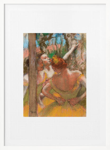 A framed art print of an impressionistic pastel painting by Edgar Degas featuring several ballet dancers backstage. A central figure, seen from behind, adjusts her yellow-green tutu while other dancers stretch in the background. Artwork