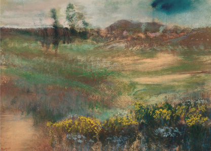 An impressionistic landscape painting in a silver frame, featuring earthy tones of green and brown across rolling hills, with vibrant yellow flowers in the foreground under a muted, stormy sky. Print
