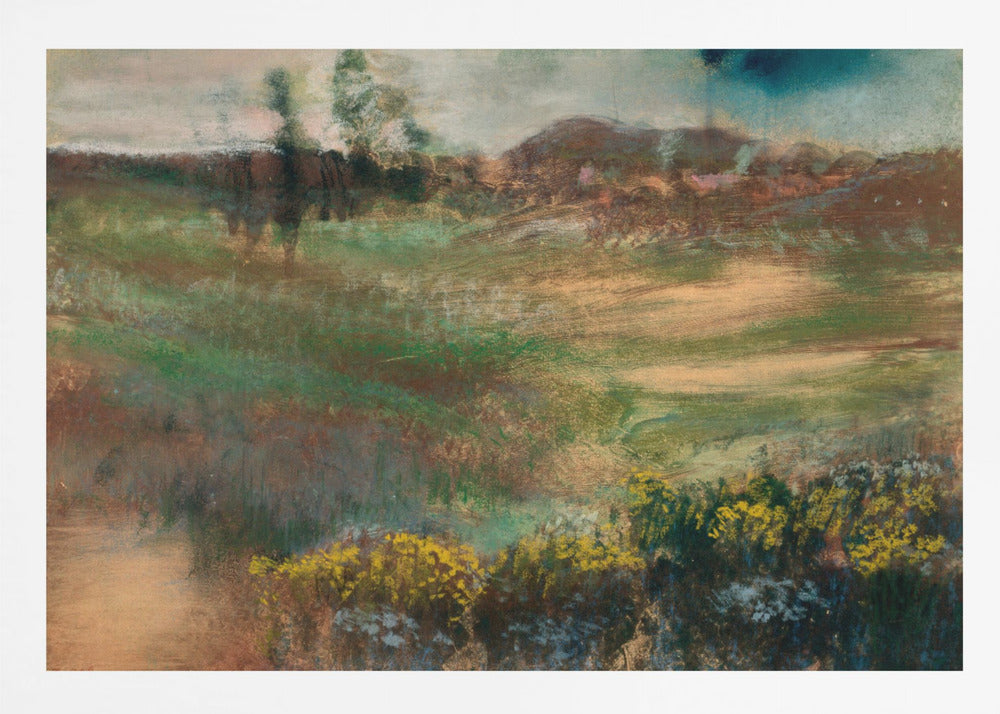 An impressionistic landscape painting in a silver frame, featuring earthy tones of green and brown across rolling hills, with vibrant yellow flowers in the foreground under a muted, stormy sky. Print
