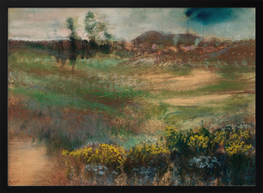 An impressionistic landscape painting in a silver frame, featuring earthy tones of green and brown across rolling hills, with vibrant yellow flowers in the foreground under a muted, stormy sky. Print