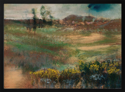 An impressionistic landscape painting in a silver frame, featuring earthy tones of green and brown across rolling hills, with vibrant yellow flowers in the foreground under a muted, stormy sky. Print